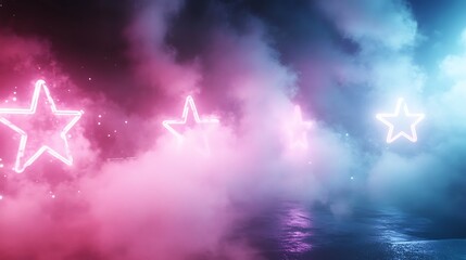 Wall Mural - Neon Star Lights Above Misty Water Scene
