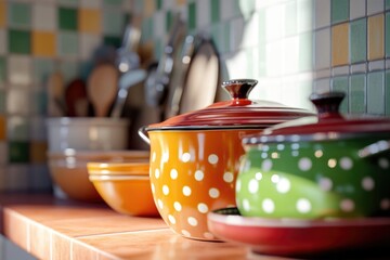 Poster - Kitchen utensils arranged neatly on a countertop, featuring bright colors and shapes