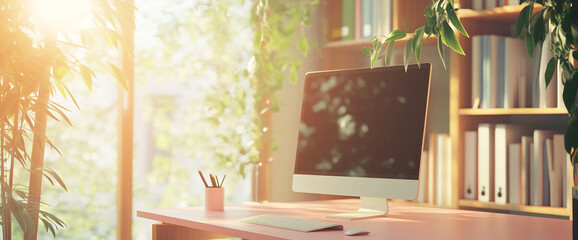 Poster - A modern home office with a computer on a pink desk, plants, and bookshelves in the background, symbolizing a peaceful, productive workspace with natural sunlight.