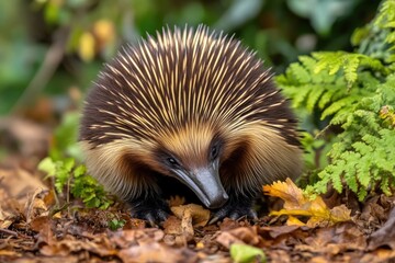 Wall Mural - An echidna walks through the forest, surrounded by leaves