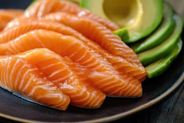 Poster - Fresh salmon and avocado slices on a plate, perfect for a healthy snack or appetizer