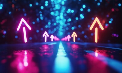 Poster - Neon arrows guiding the way on a reflective road with vibrant bokeh background
