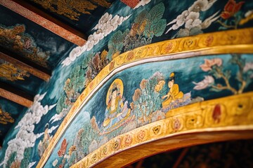Poster - A close-up view of a painting on a wall with intricate details