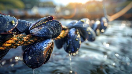 Poster - Fresh mussels cling to a rope in tranquil waters as sunlight filters through, creating a serene atmosphere near a coastal settlement during the late afternoon.