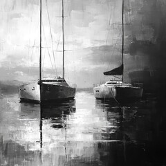 Poster - Black and white painting of boats moored in a calm harbor, with some sailboats and speedboats