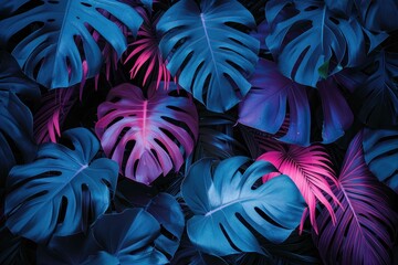 Aufkleber - Vibrant Blue and Pink Tropical Leaves at Night
