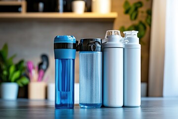 Poster - Three water bottles placed on a counter