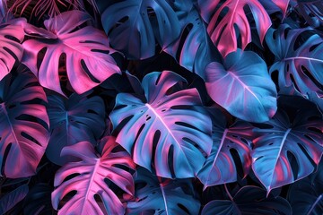 Poster - Vibrant Neon Tropical Leaves Background