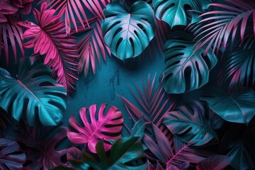 Poster - Vibrant Pink and Blue Tropical Leaves on Dark Background