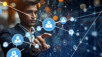 Poster - Young professional interacts with a digital interface showcasing technology and connectivity features in an urban environment