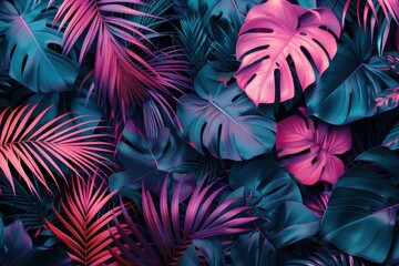 Poster - Vibrant Tropical Leaves Background with Pink and Blue Hues