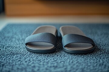 Poster - A pair of cozy slippers sitting on a bright blue rug