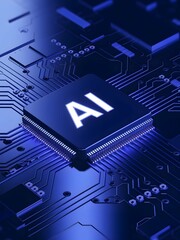 Poster - National Ai Day, A glowing AI chip on a detailed circuit board, symbolizing artificial intelligence, advanced technology, and the future of computing