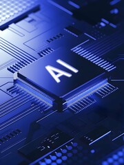 Poster - National Ai Day, A glowing AI chip on a detailed circuit board, symbolizing artificial intelligence, advanced technology, and the future of computing