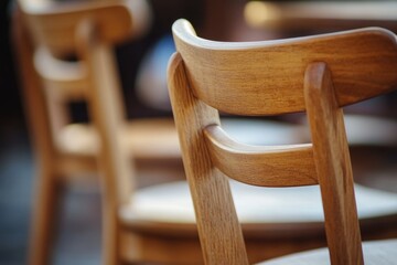 Poster - Close-up photo of a wooden chair in a restaurant setting, ideal for use in commercial or hospitality projects