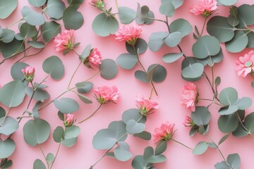 Poster - A pink background with pink flowers and green leaves, ideal for design and decoration
