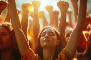 A group of women unite and raise their hands in the air, conveying unity, solidarity and empowerment