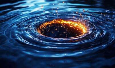 Poster - Vibrant whirlpool with glowing orange center and water splashes in dark blue liquid