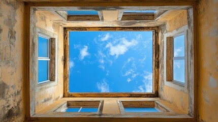 Wall Mural - A serene view of a blue sky visible through a window in a modern building, highlighting the beauty of nature and architecture together.