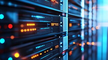 Poster - Modern Data Center Server Rack Technology Blue Orange Lights Digital Infrastructure Powerful Network High Performance Computing System Advanced       