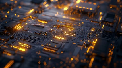 Poster - Abstract Technology Background Dark Circuit Board Glowing Orange Lines Digital Technology Modern Design Futuristic Innovation Electronic Components   