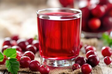 Poster - A glass of cranberry juice placed on a wooden table, great for a rustic or natural setting