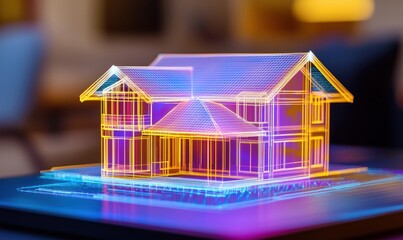 Poster - 3D holographic model of a modern house showcasing architectural design and innovation
