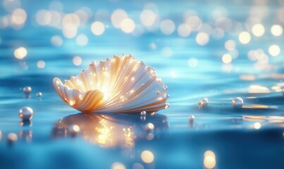 Poster - Glowing seashell surrounded by pearls in shimmering blue water