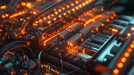Poster - Abstract Technology Background Futuristic Circuit Board Digital Art Orange Glowing Lines Complex Electronic System Powerful Hardware Modern Innovation