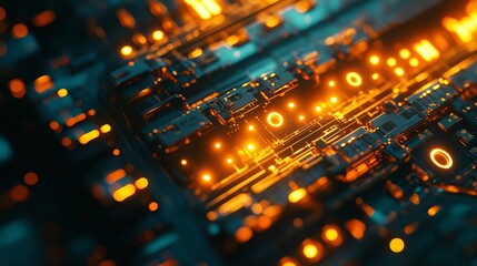 Poster - Abstract Digital Circuit Board Glowing Orange Lights Technology Background Futuristic Design Modern Art 3D Render High Tech Innovation Network        