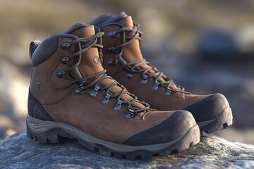Poster - A pair of hiking boots sit on a rock, ready for adventure