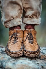 Poster - A close-up of a person's shoes resting on a rock, perfect for using as a design element or in travel and outdoor-themed projects