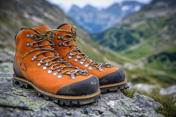 Poster - A pair of hiking boots sits on a rocky outcropping, ready for adventure