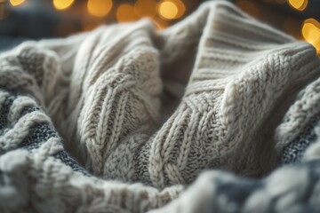 Poster - A close-up shot of a knitted blanket with soft, warm light in the background