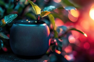 Poster - A black speaker sits next to a plant on a table, ready for use
