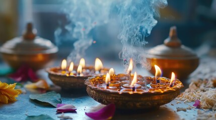 Poster - A collection of lit candles placed on a table, perfect for use in photoshoots or as decorative elements