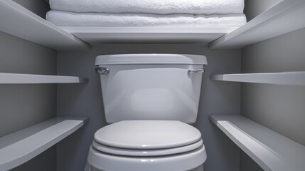 Poster - A white toilet sitting in a bathroom next to shelves