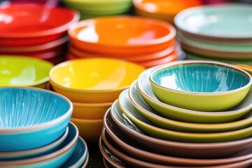 Poster - A collection of vibrant plates piled high, perfect for decoration or inspiration