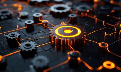 Poster - futuristic gears and circuits with glowing orange accents on dark background