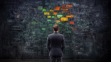 Poster - businessman analyzing complex data visualization dashboard with abstract graphs charts and analytics