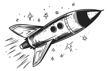 Wall Mural - Black and white drawing of a rocket in space. Transparent background