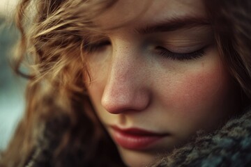 Aufkleber - A close-up shot of a woman's face with her eyes shut, ideal for use in personal or commercial projects where a sense of calm and relaxation is needed