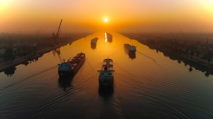Aufkleber - Cargo ships glide through a bustling canal as the sun sets, casting a warm glow over the water and creating a tranquil yet industrious ambiance at dusk.