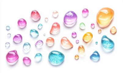 Poster - Colorful water droplets on white background showcasing various shapes and sizes