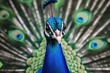 Poster - A close-up view of a peacock's vibrant feathers spread open, ideal for decorative or illustrative purposes
