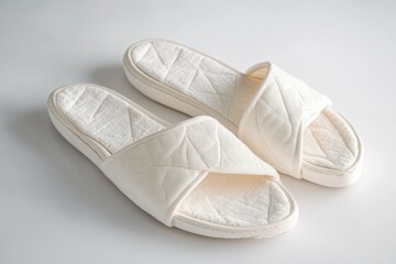 Canvas Print - A pair of white slippers sitting on a clean white surface, ready for use