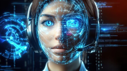 Poster - Futuristic Biometric Facial Identification and Digital Technology Hologram Interface  Close up portrait of a female face surrounded by glowing