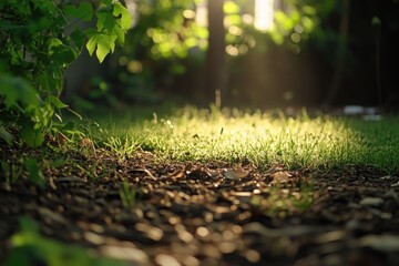 Poster - A bright ray of sunlight illuminates the leaves of a tree, casting dappled shadows on the surrounding environment