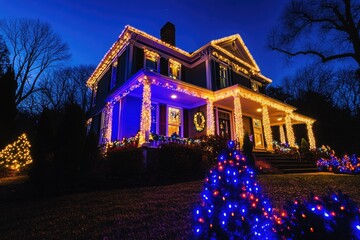 Poster - A cozy house decorated with festive Christmas lights on the front, perfect for holiday season and winter theme
