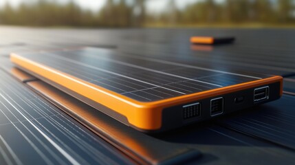 Poster - A solar panel on top of a laptop computer for charging or power backup